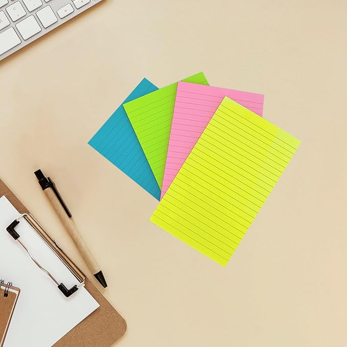 4 Pads Lined Sticky Notes 5 x 8 in, Bright Colors, Colorful Large Sticky Notes with Lines Self-Stick Note Pads for Home Office School Supplies, 50 Sheets/Pad, 200 Sheets Total, 4A 5084-N-L