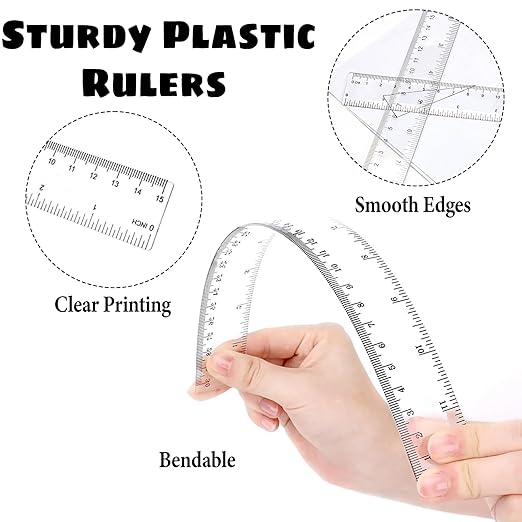 School Ruler Set 2-Pack 12 Inch & 6 Inch Plastic Rulers with Inch/Centimeter Scales for Classroom, Homework, Exams
