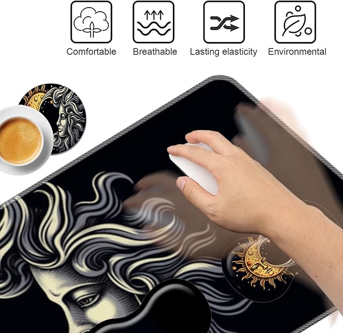 Keyboard Mouse Pad Set,Large Mouse Pad+Keyboard Wrist Rest+Wrist Support+Coaster,31.5x11.8in Extended Desk Mat for Computer Laptop Office Home-Sun Moon