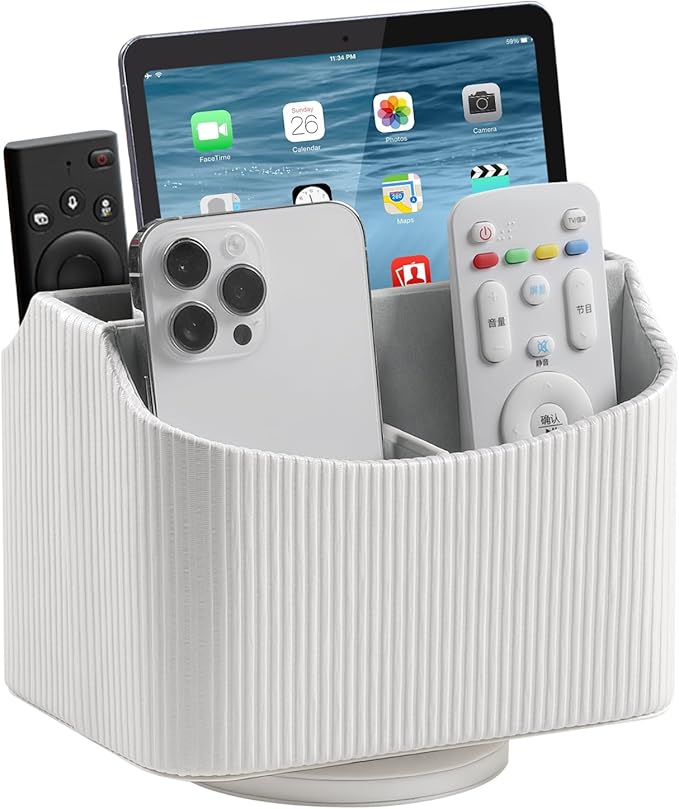 PU Leather Remote Control Holder, 360 Degree Rotating Desk Organizer Storage Table Remote Caddy, Spinning Bedside Organizer Nightstand Organizer for Desktop Office Home (White)