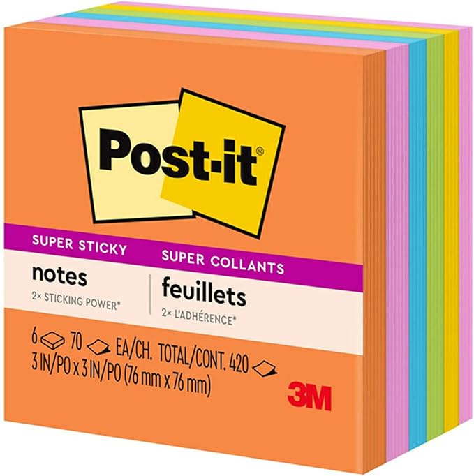 Post-it Super Sticky Notes, 3x3 in, 6 Pads, 2X The Sticking Power, Energy Boost Collection, Bright Colors (Orange, Pink, Blue, Green),Recyclable (654-6SSAU)