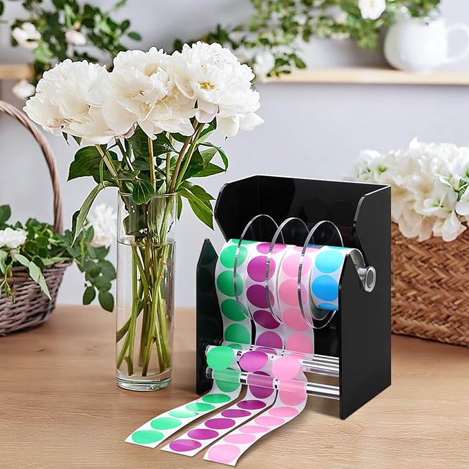 Geosar Adjustable Label Dispenser 4 Disks Sticker Roll Holder Sticker Dispenser Black Label Roll Holder Acrylic Sticker Holder Organizer Desk Tape Dispenser Label Stand for Office Home Desktop