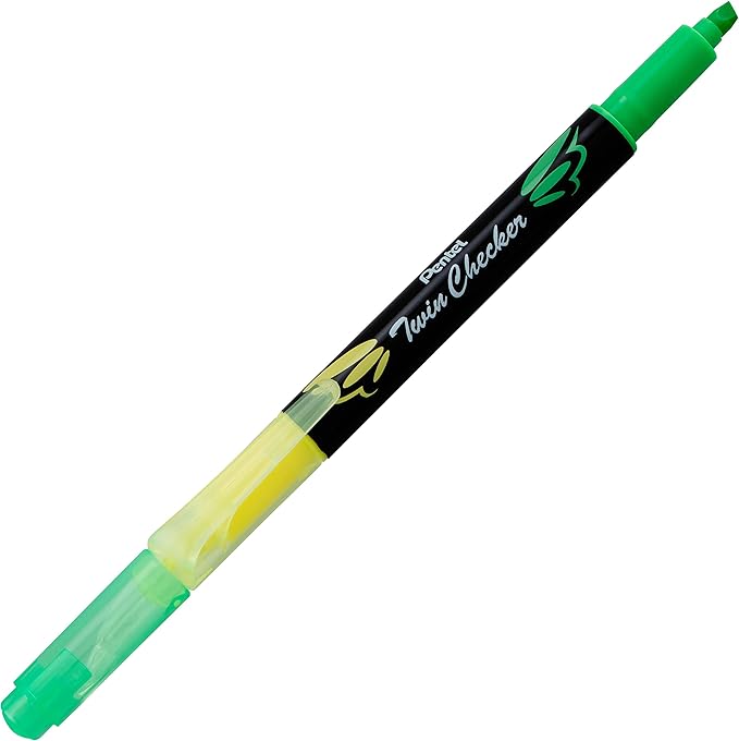 Pentel Twin checker Dual-Tip Highlighter, Chisel Tip, Yellow/Green Ink, Pack of 12 (SLW8-GK)
