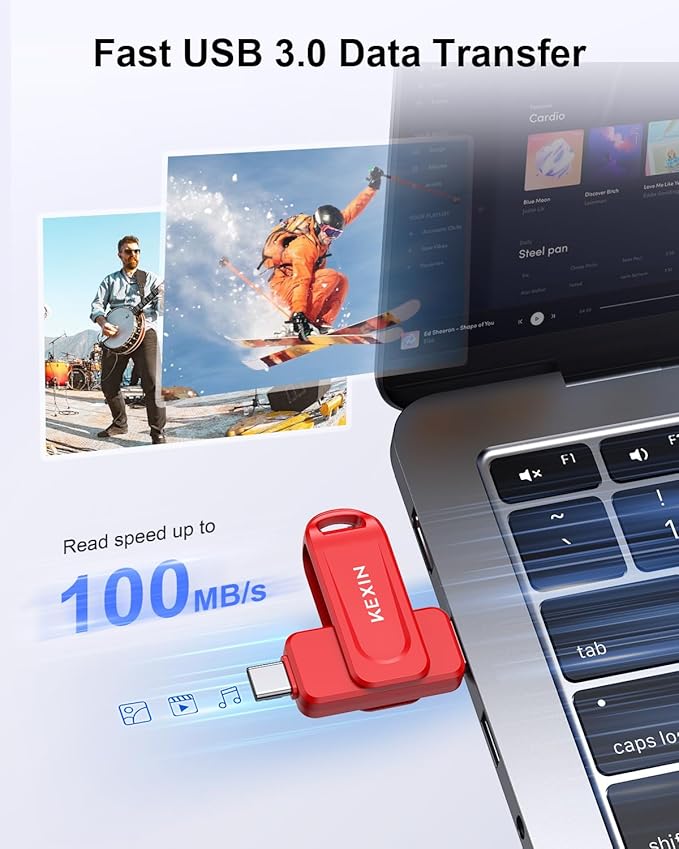 KEXIN 128GB USB C Flash Drive Dual USB Drive 3.0 USB-A & Type-C Thumb Drive Up to 100MB/s Swivel for Smartphone Tablet iPhone 15/16 Car Game Console, 128GB Red