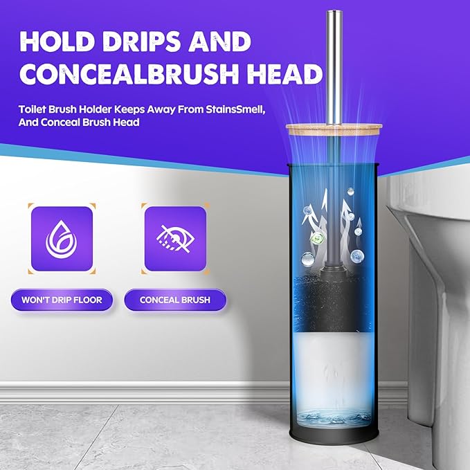 ODJSY Compact Toilet Brush and Holder 2 Pack,SetStainless Steel Handle Toilet Brush,Deep Cleaning,Durable Nylon bristles,Splash-Proof Design(White&Black)