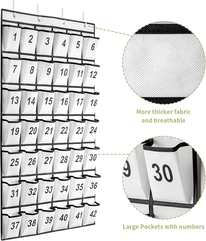 42 Pockets Numbered Classroom Pocket Chart for Cell Phones, Hanging Pocket Chart Storage for Classroom Phone Calculator Holder with 4 Hooks and 42 Clear Numbers Printing (White-42pockets)
