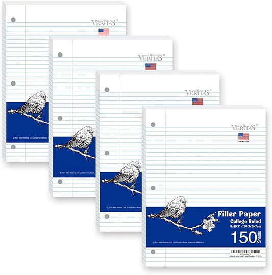 Notebook Paper College Ruled Loose Leaf Paper, Standard 8"x10-1/2",3 Hole Punched Binder Paper For 3 Ring Binder,150 Sheets/Pack, 4 Pack, White, MADE IN USA