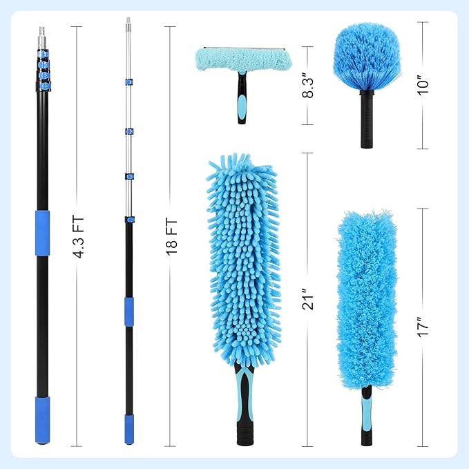 FAHKNS 25 Foot High Ceiling Fan Duster, Heavy Duty High Reach Duster Kit for Cleaning, Spider Web Brush, Washable Dust Brush for High Roof and Glass Surfaces (with 5-18ft Extension Pole)