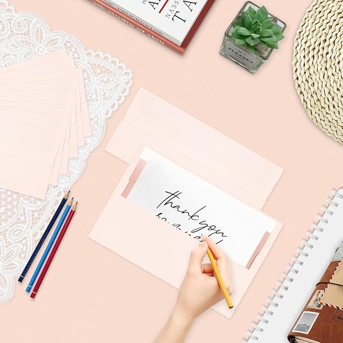 50 Pack #10 Blush Pink Business Envelopes with Metallic Rose Gold Foil Lining, Standard Letter Size Mailing Envelopes Self Seal for Checks Invoices Party Birthday Wedding, 4 1/8 x 9 1/2 Inch