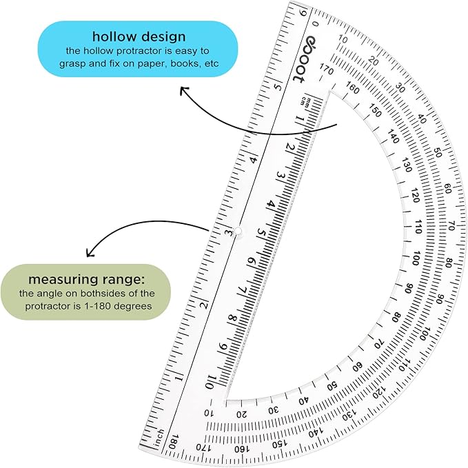Zonon 2 Pack 12'' Plastic Ruler and 6'' Plastic Protractor Set Clear Ruler Protractor Set Math Geometry Supplies for School Classroom Home Office Drawing(Clear)