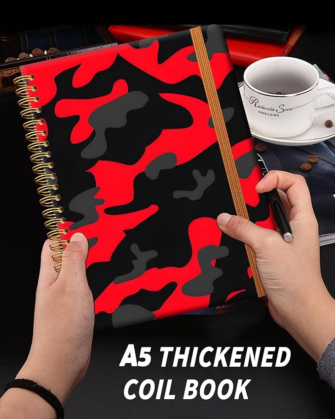 Ruled Spiral Writing Notebook,A5 Hardcover Lined College Journal for Women,Strong Twin-Wire Binding with Premium Paper,8.4" X 6",Perfect for School,Office,Home(Red Black Camo Camouflage)