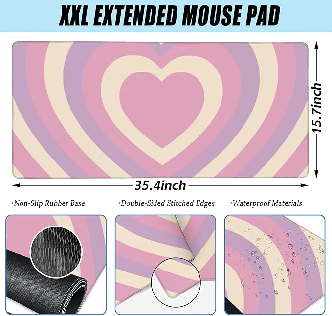 Desk Pad, Cute Retro Hearts Pattern Extended Large Gaming Mouse Pad for Desk XXL, Large Desk Mat for Desktop with Non-Slip Rubber Base Stitched Edges for Computer Keyboard Home Office 35.4"X15.7"