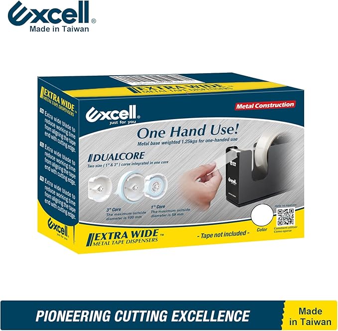 Excell EX-11125BK Dualcore Desktop Tape Dispenser (1"+3" Core) with Sturdy Metal Base, Tape Dispenser Desk for Home, Office, Shop, Retail Store and Warehouse Wrapping