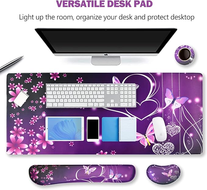 ARTSO Large Gaming Mouse Pad, Keyboard Wrist Rest Pad & Wrist Support Mousepad Set, Stitched Edge, Extended, Non-Slip Base, Memory Foam Desk Mat for Office, Home, Purple Heart Butterfly