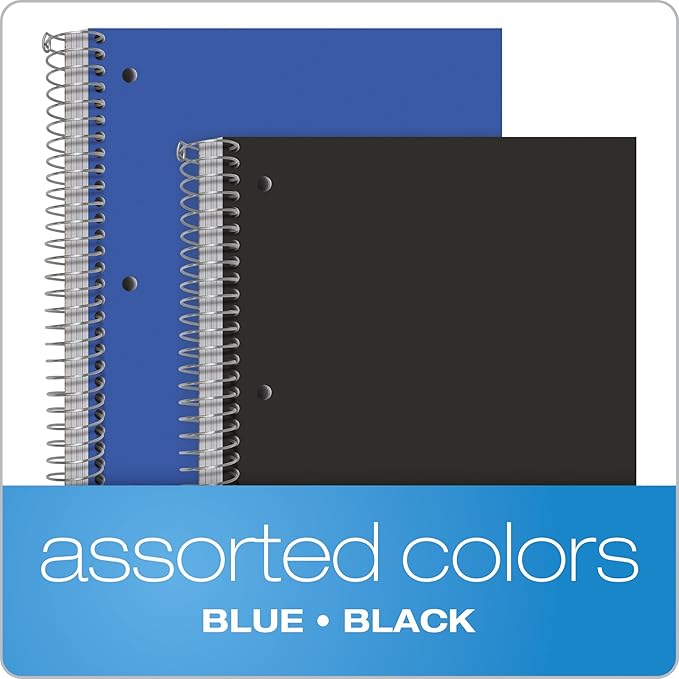Oxford Spiral Notebooks, 5-Subject, Writing Journals, Wide Ruled Paper, Durable Plastic Cover, 200 Sheets, 5 Durable Divider Pockets, 2 Pack, Black and Blue (10387)