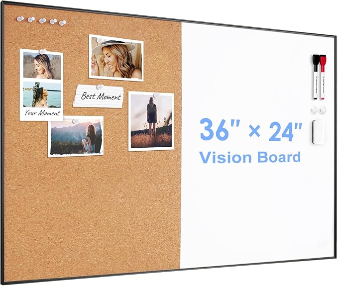 ARCOBIS Cork Board White Board Combo, 36 x 24 Inch Bulletin Board, Magnetic Dry Erase Board & Corkboard for Wall, Vision Board for Home, Office, School, Black Frame