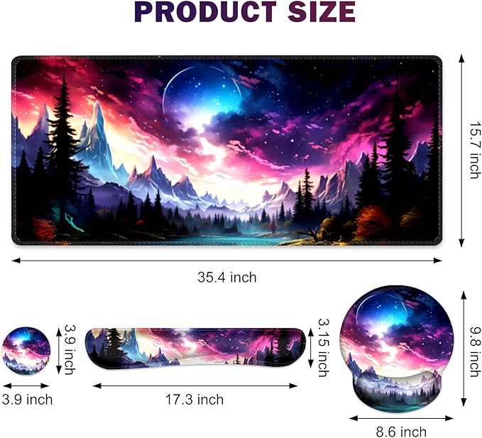 Gaming Mouse Pad, Large Desk Mat, Cute Desk Pad Protector, 4in1 XXL Mousepad + Keyboard Wrist Rest+Mouse Wrist Rest+Coaster Set with Ergonomic Desk Pad for Home Office Table Computer, Purple Hill