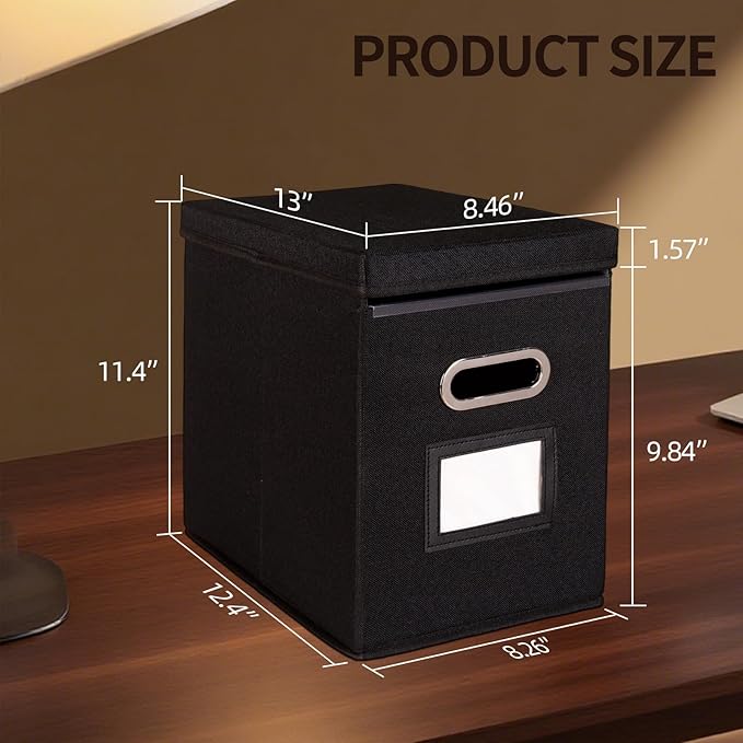 2 Pack Hanging File Folders Organizer with Lid, Letter Size Fabric File Storage Box Collapsible, Portable Office Document Holder with Metal Handle, Smooth PVC Rails, Black