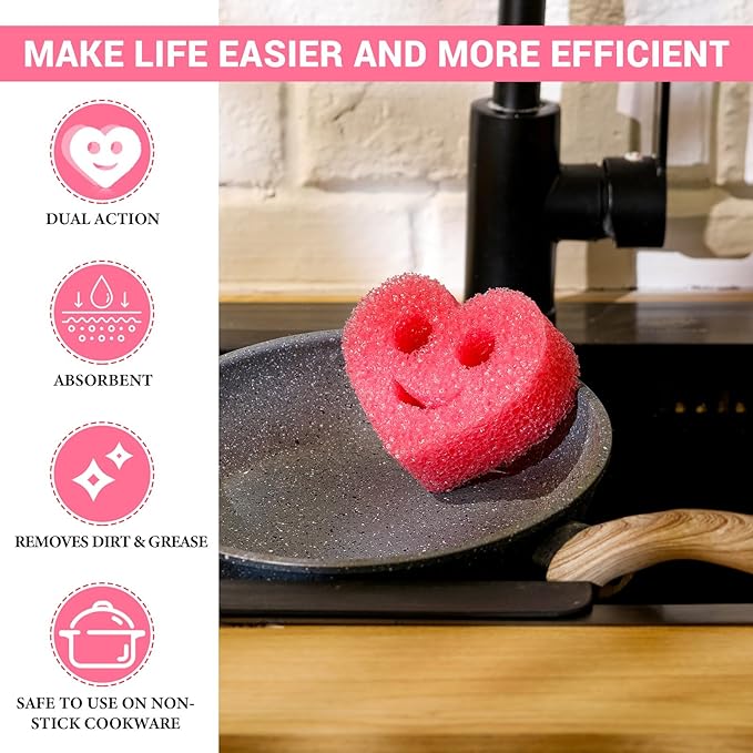 FillTouch 3 Pcs Dual Sided Scrub Sponge Multi Functional Cute Temperature Sensitive Non Scratch Dish Sponge for Washing Dishes Kitchen Bathroom(Heart,Red, Pink, Purple)