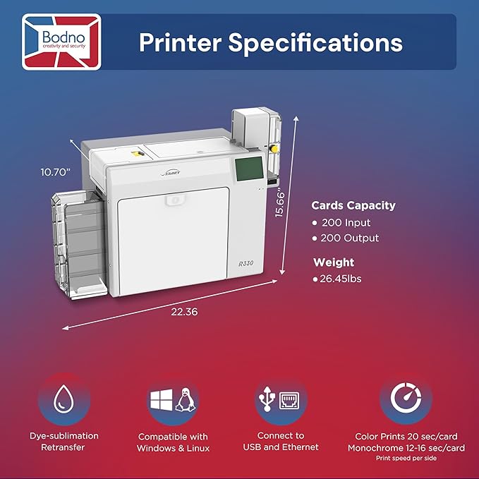 Bodno Seaory R330 Retransfer Dual Sided ID Card Printer & Complete Supplies Package ID Software and Camera - Bronze Edition