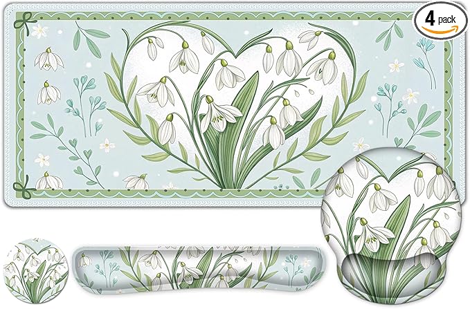 Floral Desk Mat, 4in1 Large Mouse Pad with Wrist Rest, Desk Matt for Desktop, Desk Pad Mat, Anti-Slip XXL Big Computer Ergonomic Mousepad with Wrist Support for Keyboard and Mouse I Green Flower Heart
