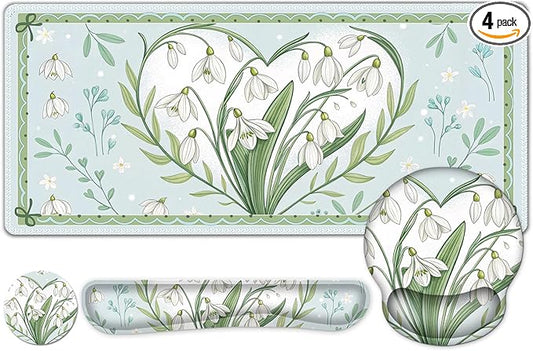 Floral Desk Mat, 4in1 Large Mouse Pad with Wrist Rest, Desk Matt for Desktop, Desk Pad Mat, Anti-Slip XXL Big Computer Ergonomic Mousepad with Wrist Support for Keyboard and Mouse I Green Flower Heart