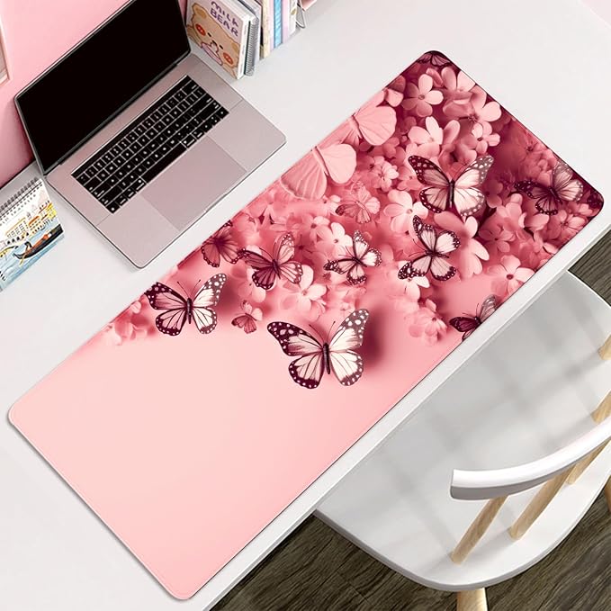 Pink Mouse Pad Desk Mat,Butterfly Large Mouse Pads Desk Pad,Long Mouse Pad Gaming Mousepad Mouse Mat with Stitched Edge - Non-Slip Rubber Base for Office Computer Keyboard Laptop