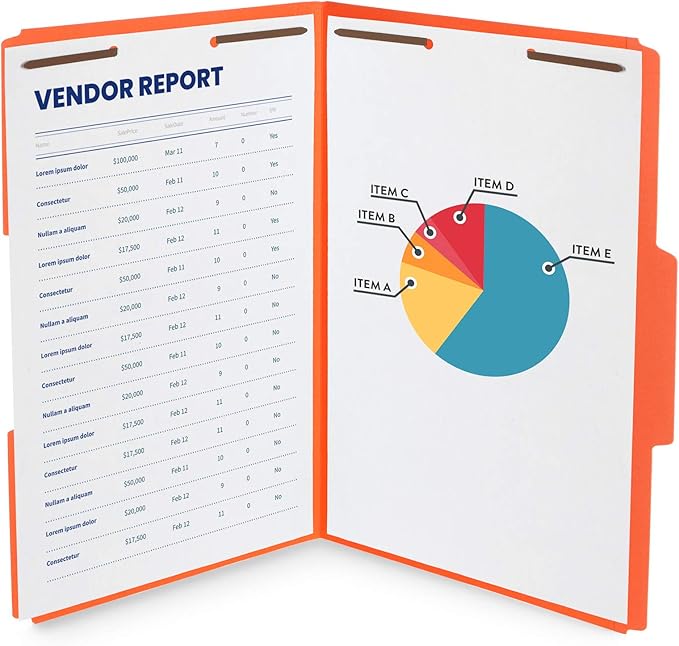 Blue Summit Supplies Orange Legal Size Fastener File Folders, Legal Size, Legal File Folders with Fasteners, 1/3 Cut Reinforced Tabs, Durable 2 Prongs, for Organizing Medical or Law Files, 50 Pack