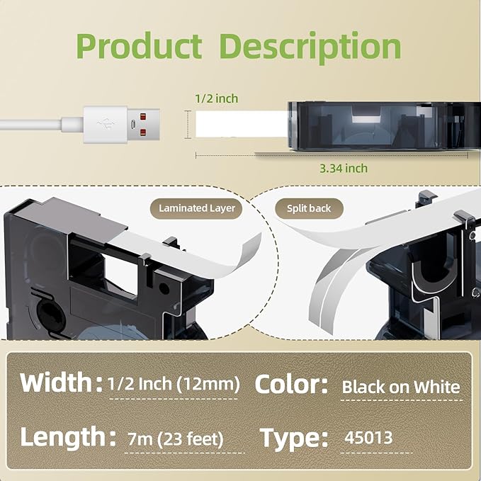 Replace for Dymo Label Maker Refills 45013 S0720530 D1 Label Maker Tape, 1/2 in x 23 Ft Black on White Compatible with DYMO LabelManager 160 210D 260P 280 360D 450D, 4-Pack