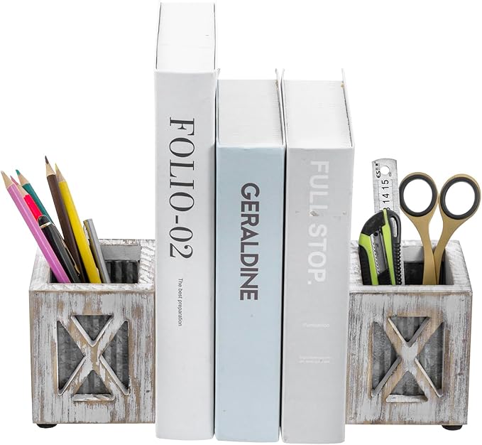 MyGift Decorative Bookends with Pencil Cup, Shabby Weathered White Washed Wood Bookends, Desktop Book Ends with Pen Holder Stationery Storage Bins for Home Office, Classroom, Dorm Room