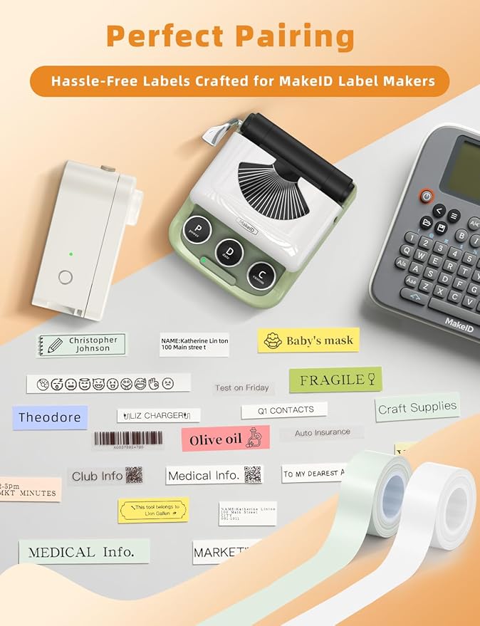 MakeID E1 Q1 Label Maker Tape Refills, 16mm x 4m (0.63" x 13') Continuous Sticker Thermal Laminated Waterproof Self-Adhesive Multipurpose Labeling Tape Replacement