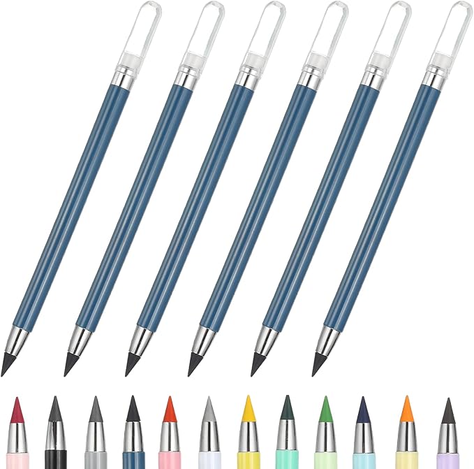 PATIKIL Forever Pencil, 6 Pcs Mechanical Sharpened Cute Metal Pencils Set for Coloring Book Sketch Drawing Writing Art Beginner, Dark Blue