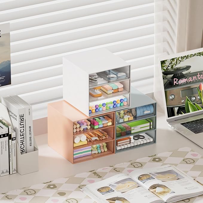 Marbrasse Desk Organizer with 4 Drawers，Office Organization, Clear Plastic Desk Organizers and Storage, Desktop Organizer for Office School Home (White-4 Drawers)