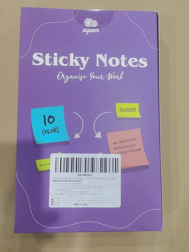 Sticky Notes Large 1000 Sheets,3 x 5'' Self-Stick Note Pads,Bright Colorful Sticky Notes 76x127mm,Super Sticking Memo Pads Clean Removal,Easy to Post Sticky Pads for Office Home School,10 Pack