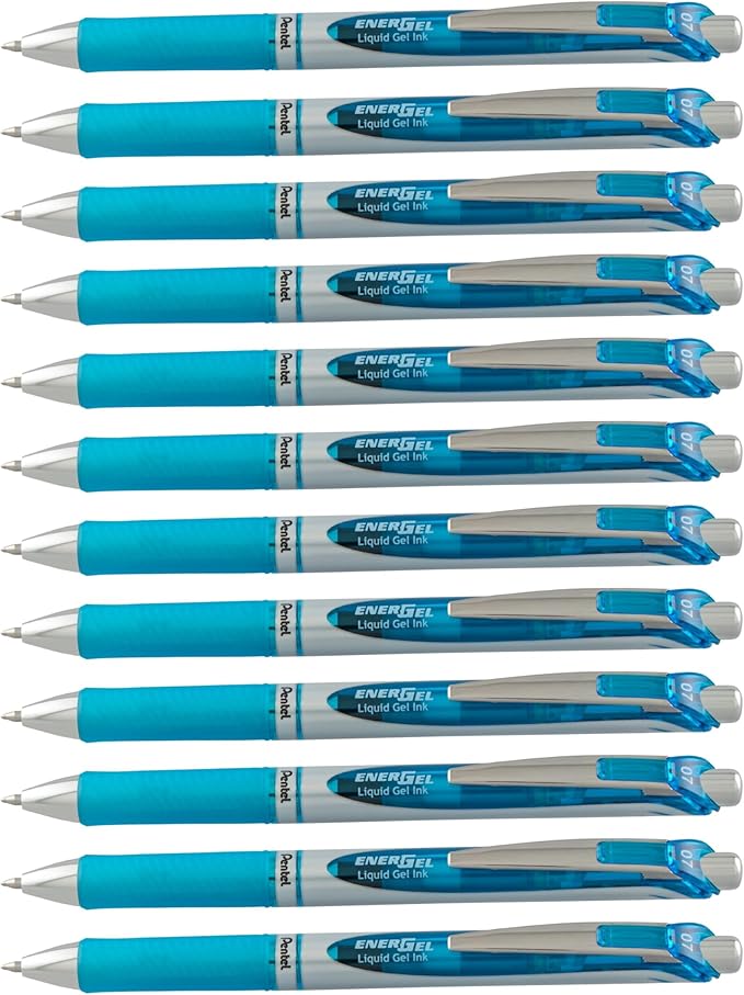 Pentel EnerGel Deluxe RTX Retractable Liquid Gel Pen, Medium Line, Metal Tip, Sky Blue Ink, Box of 12 (BL77-S)