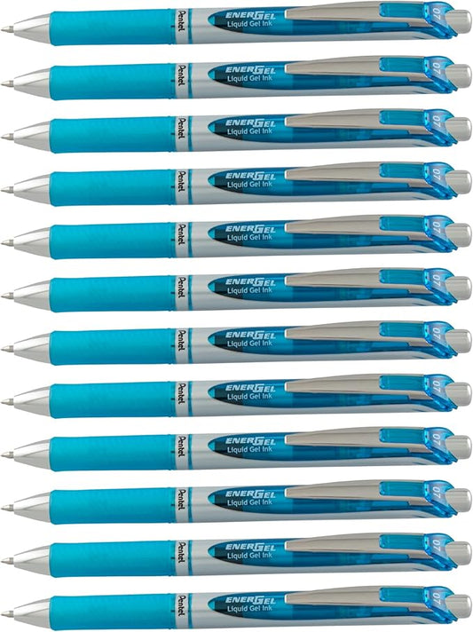 Pentel EnerGel Deluxe RTX Retractable Liquid Gel Pen, Medium Line, Metal Tip, Sky Blue Ink, Box of 12 (BL77-S)