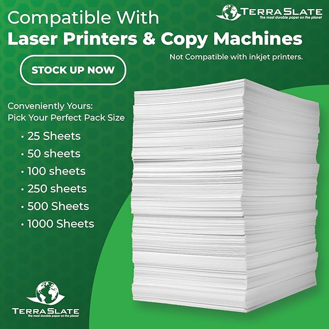 TerraSlate Premium Rain/Weather/Waterproof Paper, 10 MIL 8.5 x 11 Inches, Bright White, Durable Printer Paper (250 Sheets)