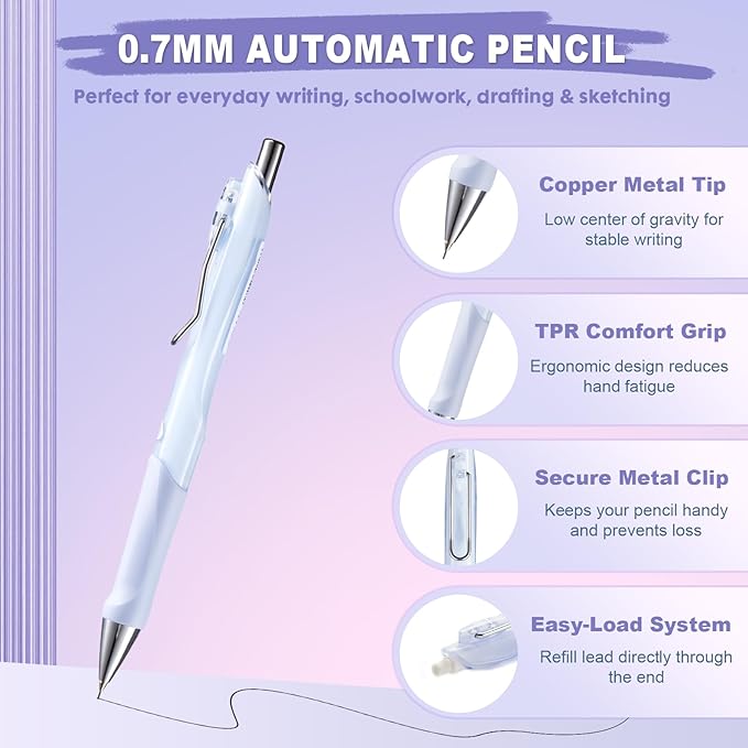 6-Pack 0.7mm Mechanical Pencils with Macaron Colors, Built-In Eraser, Copper Tip, Easy-Load Lead, Metal Clip, Soft Grip, for School, Office, Sketching, Drafting