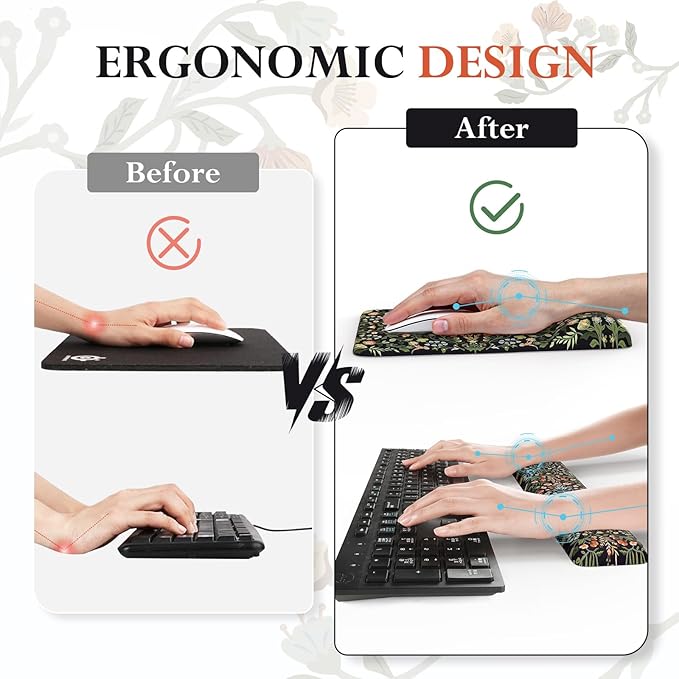 iCasso Mouse Pad with Wrist Rest,Large Desk Mat Set,Ergonomic Keyboard Pad with Wrist Support,Non-Slip Mouse Mat for Women,Cute Floral Computer Mat for Home Office Gaming (Black)