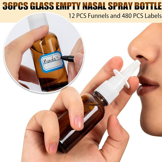 60 Pcs Nasal Spray Bottle Empty, Brown Glass Refillable Fine Mist Nasal Spray Bottles with 12 Funnels and 12 Labels (30ML/1oz)