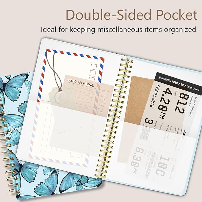 Cute Spiral Notebook journal A5 Aesthetic Pretty Floral Design for Women Girls Kawaii with Pocket, 8.5 x 5.7 inch, Blue Butterfly