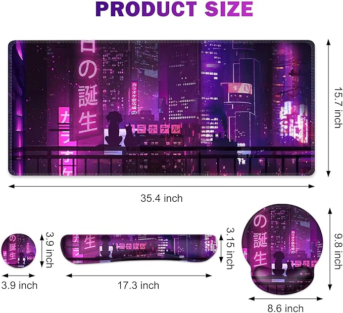 Gaming Mouse Pad, Large Desk Mat, Cute Desk Pad, 4in1 XXL Mousepad + Keyboard Wrist Rest+Mouse Wrist Rest+Coaster Set with Ergonomic Desk Pad for Home Office Table Computer, Purple Anime Neon
