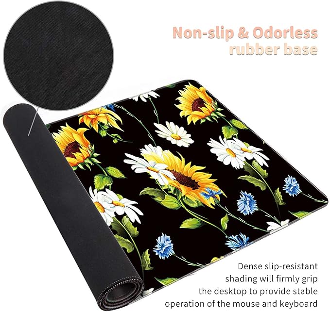 Large Gaming Mouse Pad with Stitched Edges, Desk Pad Protector, Computer Keyboard Mouse Mat Non-Slip Cute Desk Decor for Home/Office/Study Accessories+ Coaster, Sunflowers Daisy