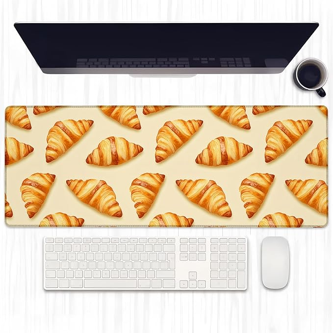 Delicious Croissant Gaming Mouse Pad, Extended Cute Bakery Food Desk Mat Computer Laptop Mousepad, Robust Stitched Edges, 31.5"×11.8" Large Office Keyboard Mouse Pads for Home Desktop Decor
