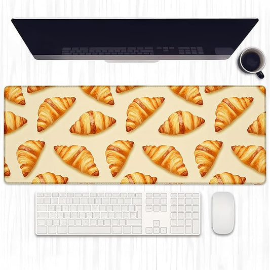 Delicious Croissant Gaming Mouse Pad, Extended Cute Bakery Food Desk Mat Computer Laptop Mousepad, Robust Stitched Edges, 31.5"×11.8" Large Office Keyboard Mouse Pads for Home Desktop Decor