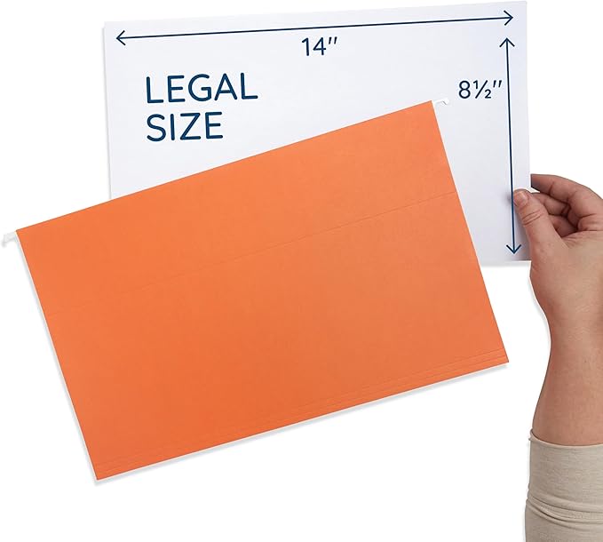 25 Blue Summit Supplies Legal Size Hanging Orange File Folders with Plastic Tabs and Inserts, 11pt Durable Paper, Legal Size File Folders for Office Organization