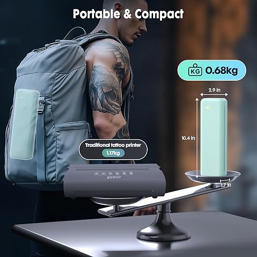Wireless Tattoo Transfer Stencil Printer, Portable Thermal Tattoo Machine for Tattoo Beginners with 40pcs Stencil Paper, Compatible with Smartphone & PC, Rechargeable & Inkless, Light Green
