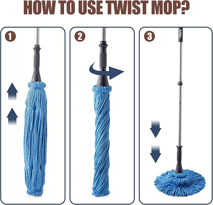 Eyliden Mop with 2 Reusable Heads, Easy Wringing Twist Mop, with 57.5 inch Long Handle, Wet Mops for Floor Cleaning, Commercial Household Clean Hardwood, Vinyl, Tile, and More