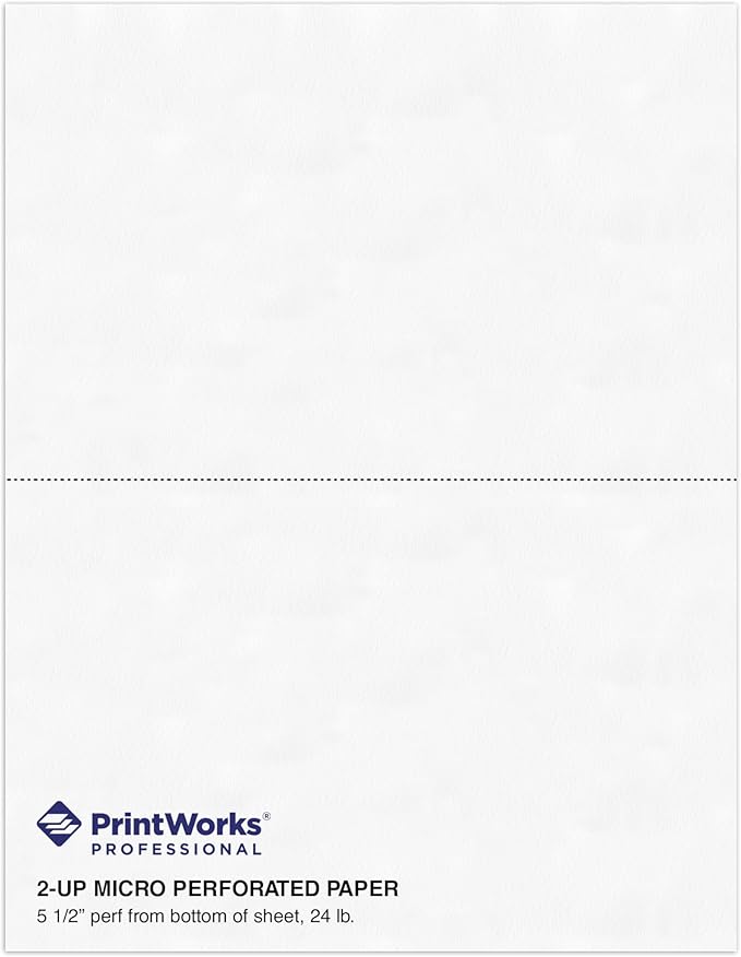 PrintWorks Professional Half Sheet Perforated Paper 8.5” x 11” - Perfect For W-2, 1099, & Statement Use - Made in the USA - 500 Sheets - 24 lb - A5 Paper - Printer Compatible - White (04118)