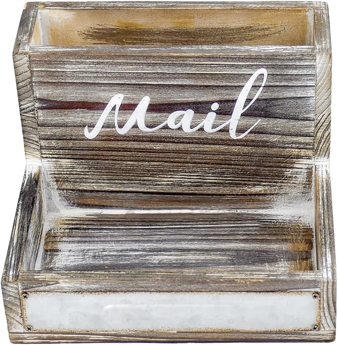 Farmhouse Mail Organizer Countertop Letter Sorter Caddy 2 Tier Rustic Mail Tray Wooden Mail Holder File Organizer Bill Paper Folder Office Desk Accessories Rustic Office Supplies Home Decor